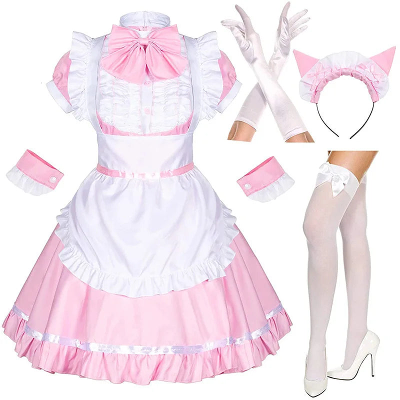 Pink-and-white French maid dress with apron, gloves, cat-ear headband, cuffs, and stockings