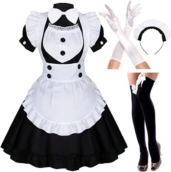Flat-lay black-and-white French maid dress set with apron, gloves, headband, and stockings