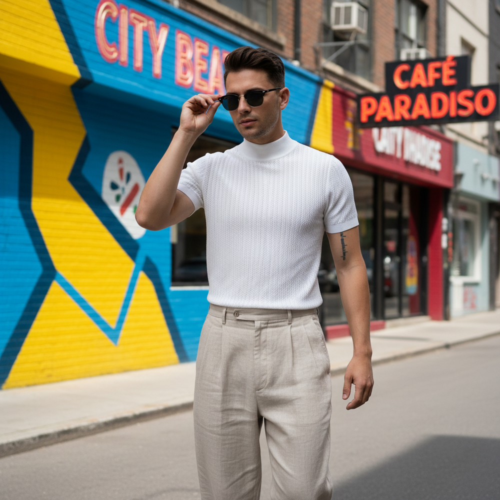 Model wearing a white textured high-collar short-sleeve shirt on a city street