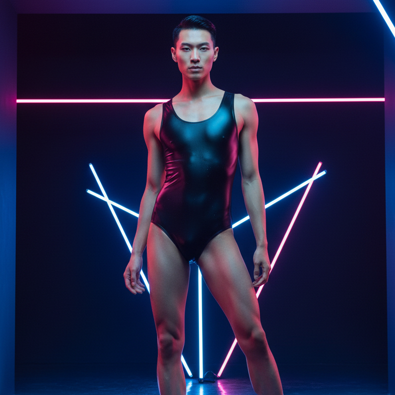 Men's High Stretch Spandex Bodysuit pops under neon pink and blue lights
