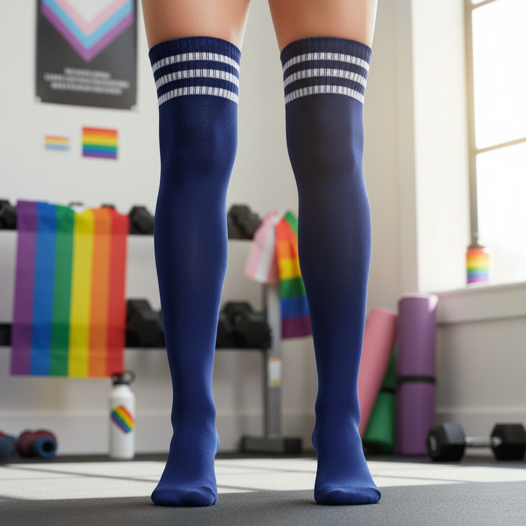 Person in Men’s Long Jock Sports Socks with white stripes stands in sunlit gym with LGBTQ+ pride flags, yoga mats, and gear.