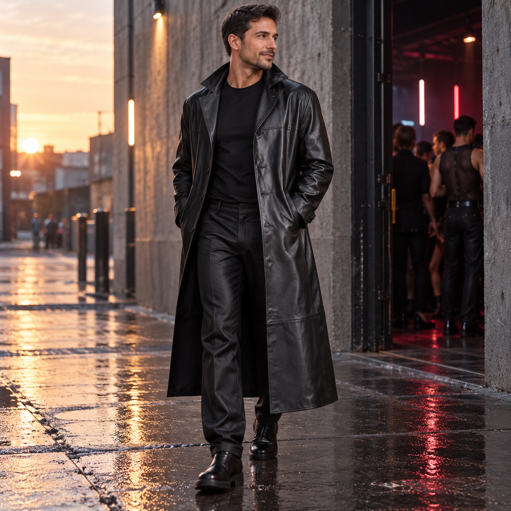 Men's Long PU Leather Overcoat in the Black colour or design, modelled in a candid lifestyle setting.