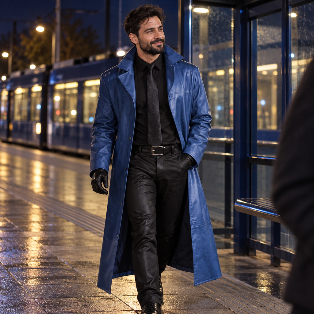 Men's Long PU Leather Overcoat in the Blue colour or design, modelled in a candid lifestyle setting.