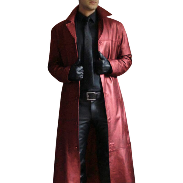 Front-facing model in a long burgundy leather-look overcoat over black clothing
