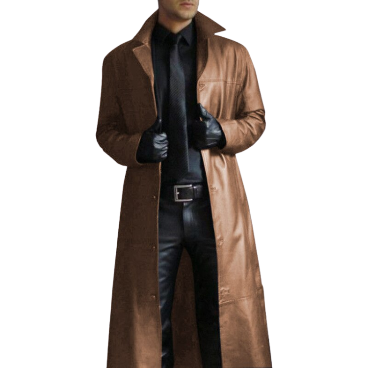 Front-view model wearing a long brown PU leather overcoat over black clothing