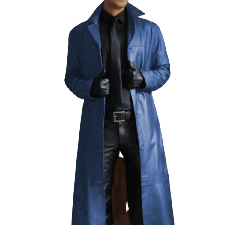 Front-view model wearing a long blue PU leather overcoat over black clothing