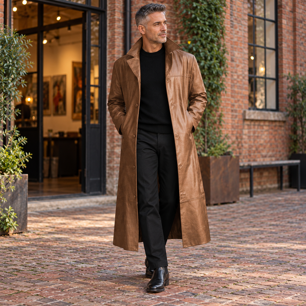 Men's Long PU Leather Overcoat in the Khaki colour or design, modelled in a candid lifestyle setting.