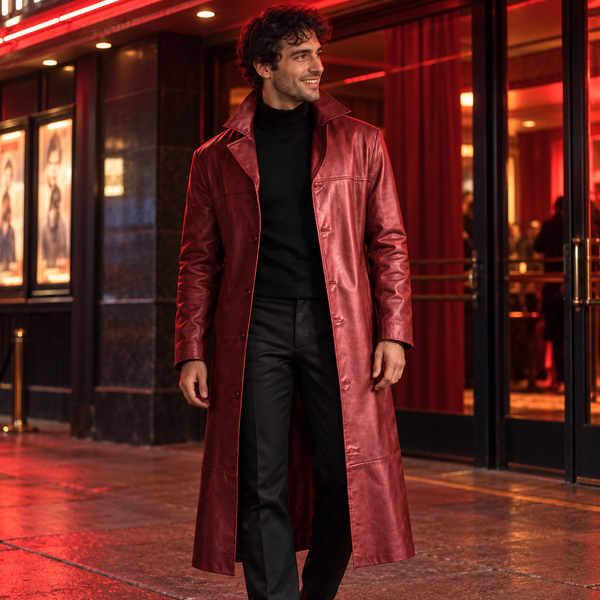 Men's Long PU Leather Overcoat in the Red colour or design, modelled in a candid lifestyle setting.