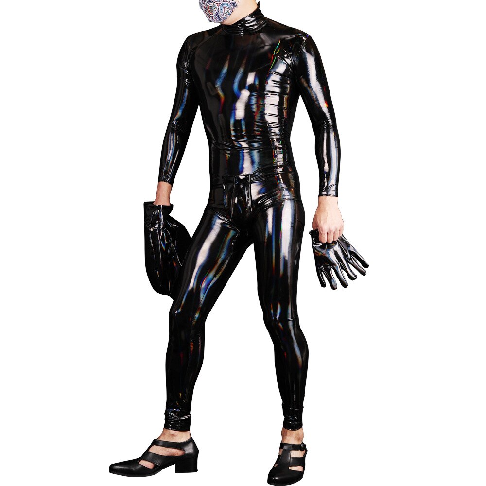 Front-facing model in a glossy black long-sleeve bodysuit with matching gloves