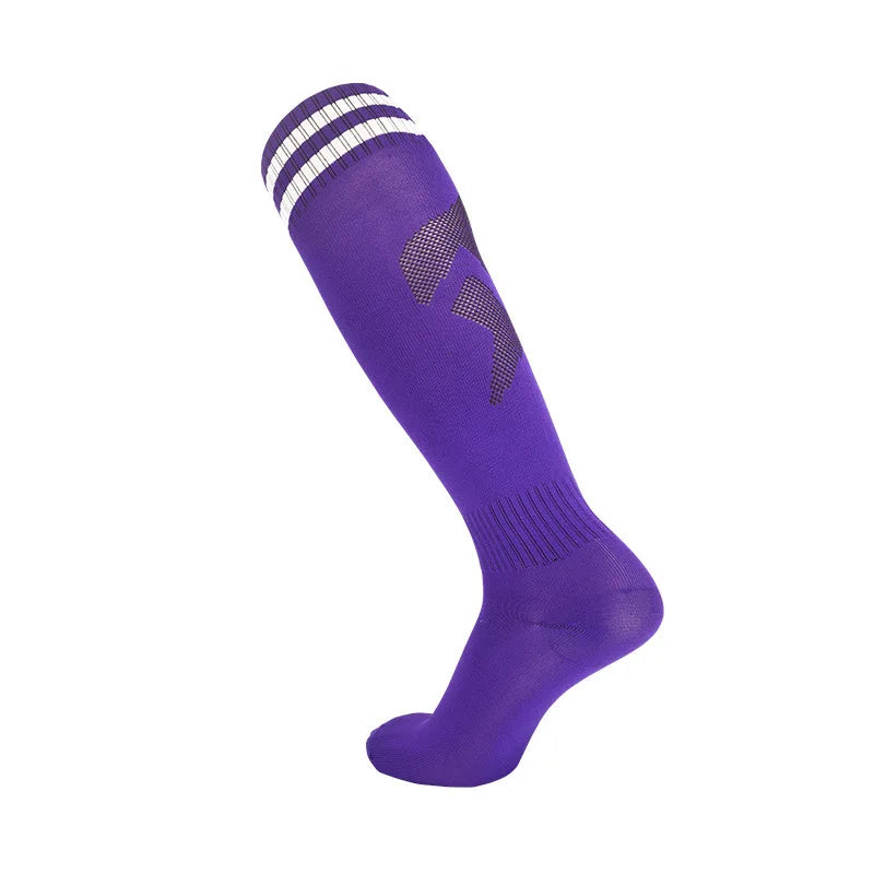Single purple knee-high sports sock shown diagonally, with three white cuff stripes and a gray side pattern
