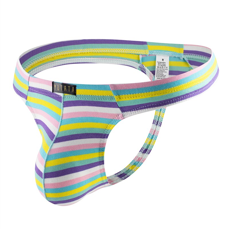 Front three-quarter view of a low-waist striped men's thong on a white background