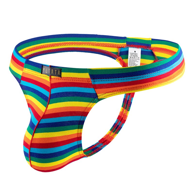 Rainbow-striped men's thong shown from the front and side on a white background