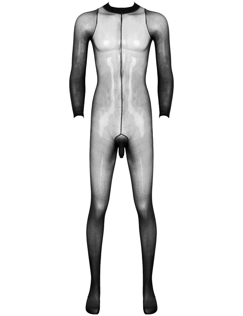 Front view of a sheer black long-sleeve men's bodystocking with enclosed feet