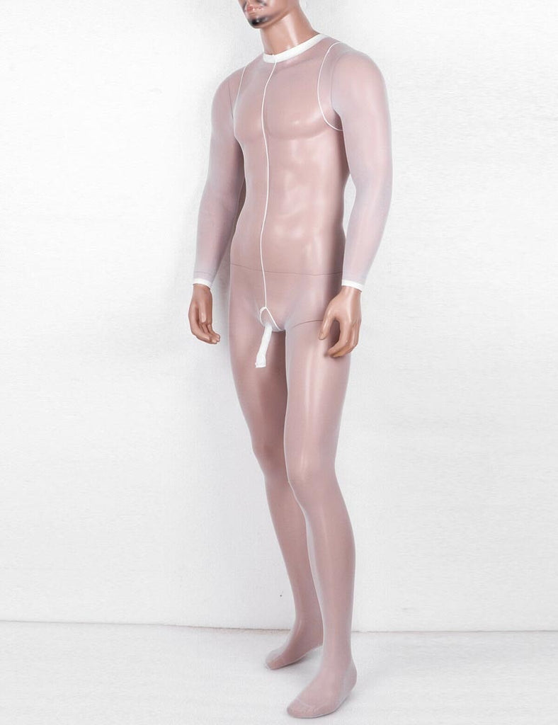 Front three-quarter view of a mannequin wearing a sheer white full-body stocking with a front zipper