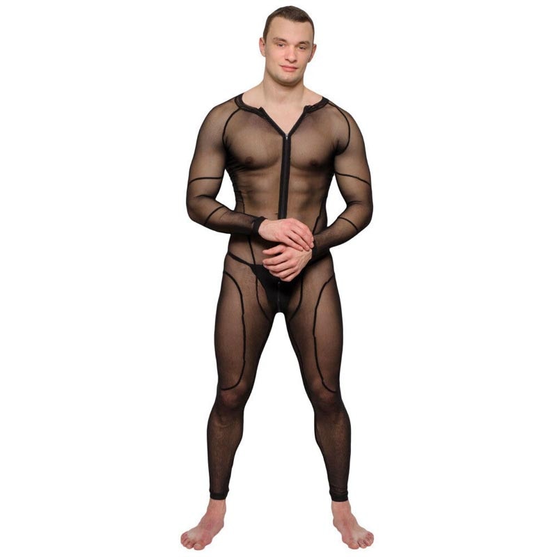 Front-facing model wearing a sheer black full-body bodysuit with zipper and panel seams