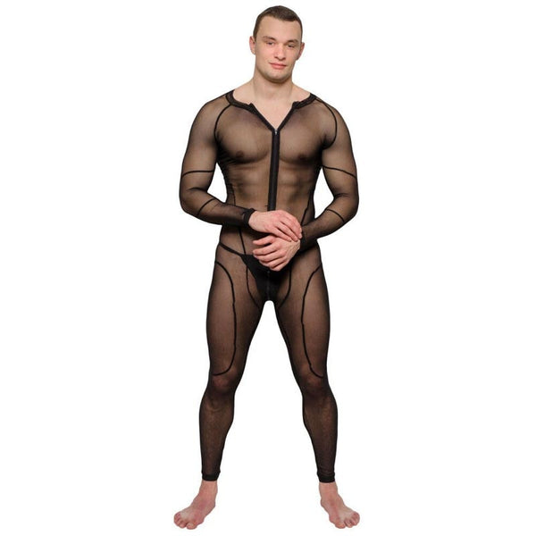 Front-facing model wearing a sheer black full-body bodysuit with zipper and panel seams