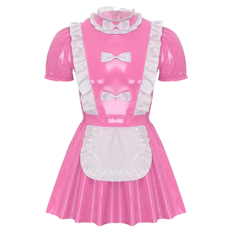 Front-facing pink glossy maid dress with puff sleeves, ruffles, bows, and white apron