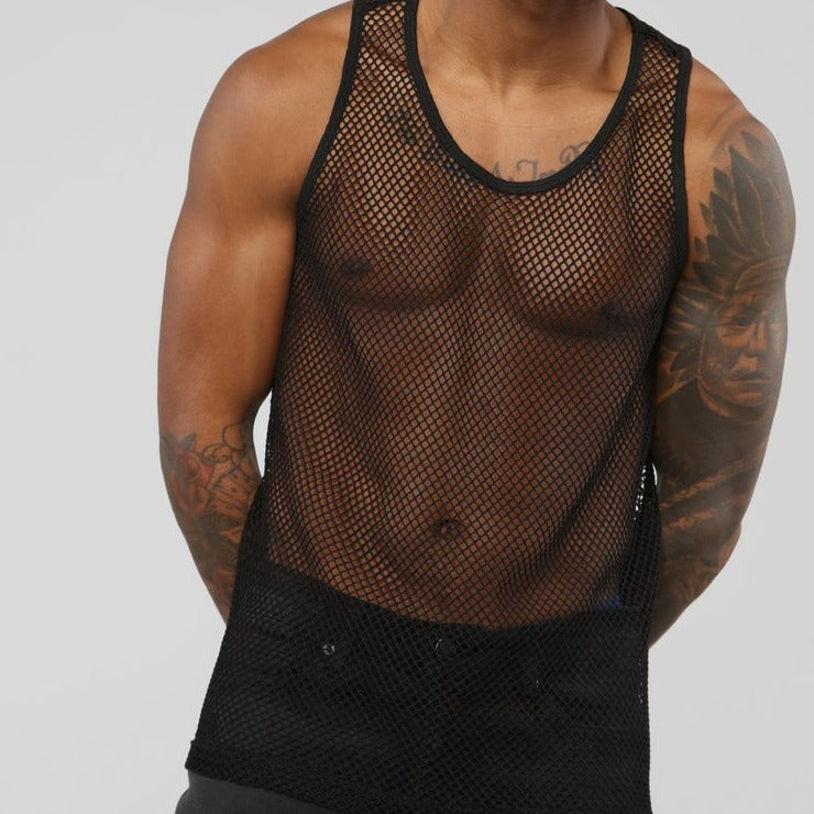 Front view of a person wearing a black see-through fishnet tank top