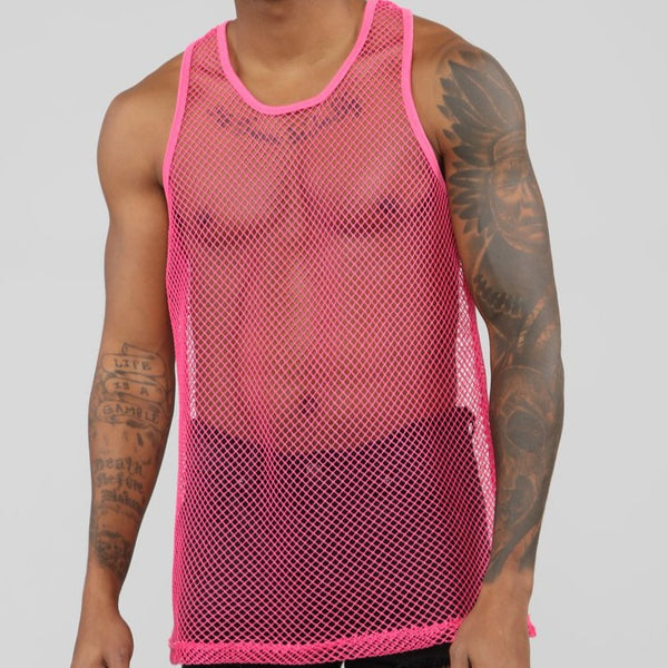 Front view of a person wearing a bright pink fishnet tank top
