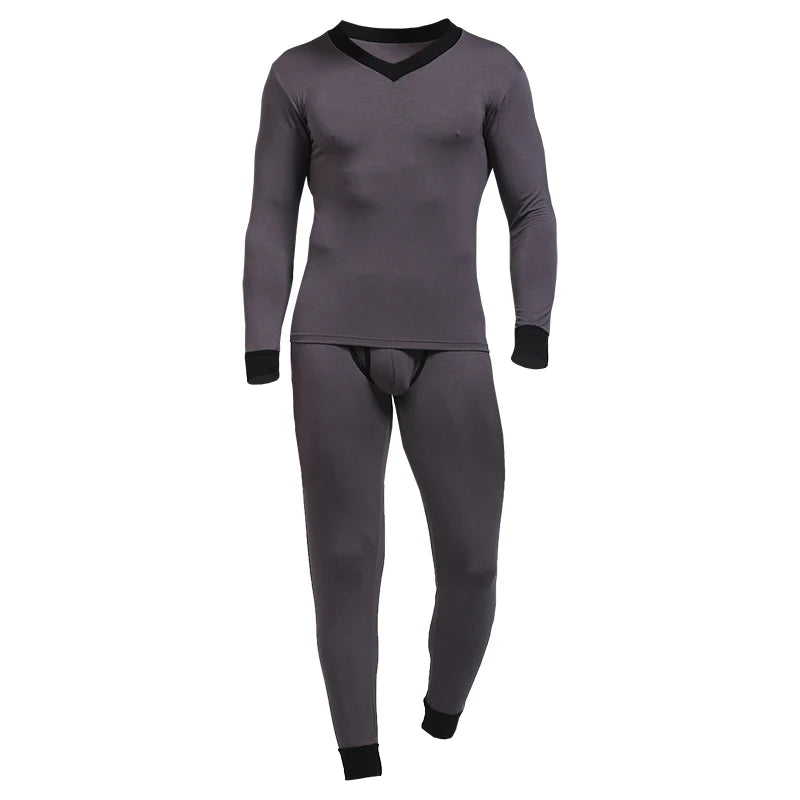 Front view of a dark gray men's thermal pajama set with a V-neck top and long bottoms