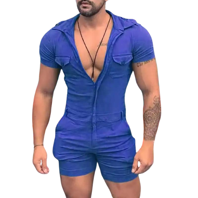 Front view of a person modeling a fitted royal-blue short-sleeve romper with an open chest