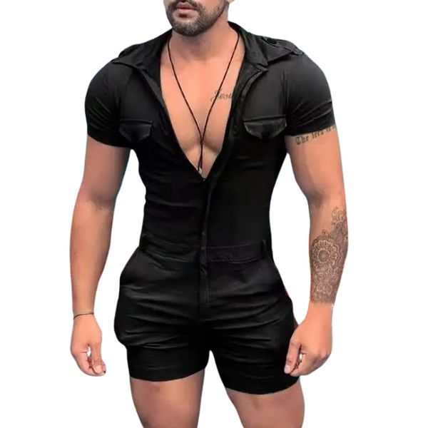 Front view of a person modeling a fitted black short-sleeve romper with an open chest