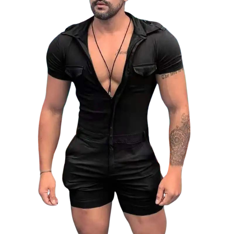 Front view of a person modeling a fitted black short-sleeve romper with an open chest