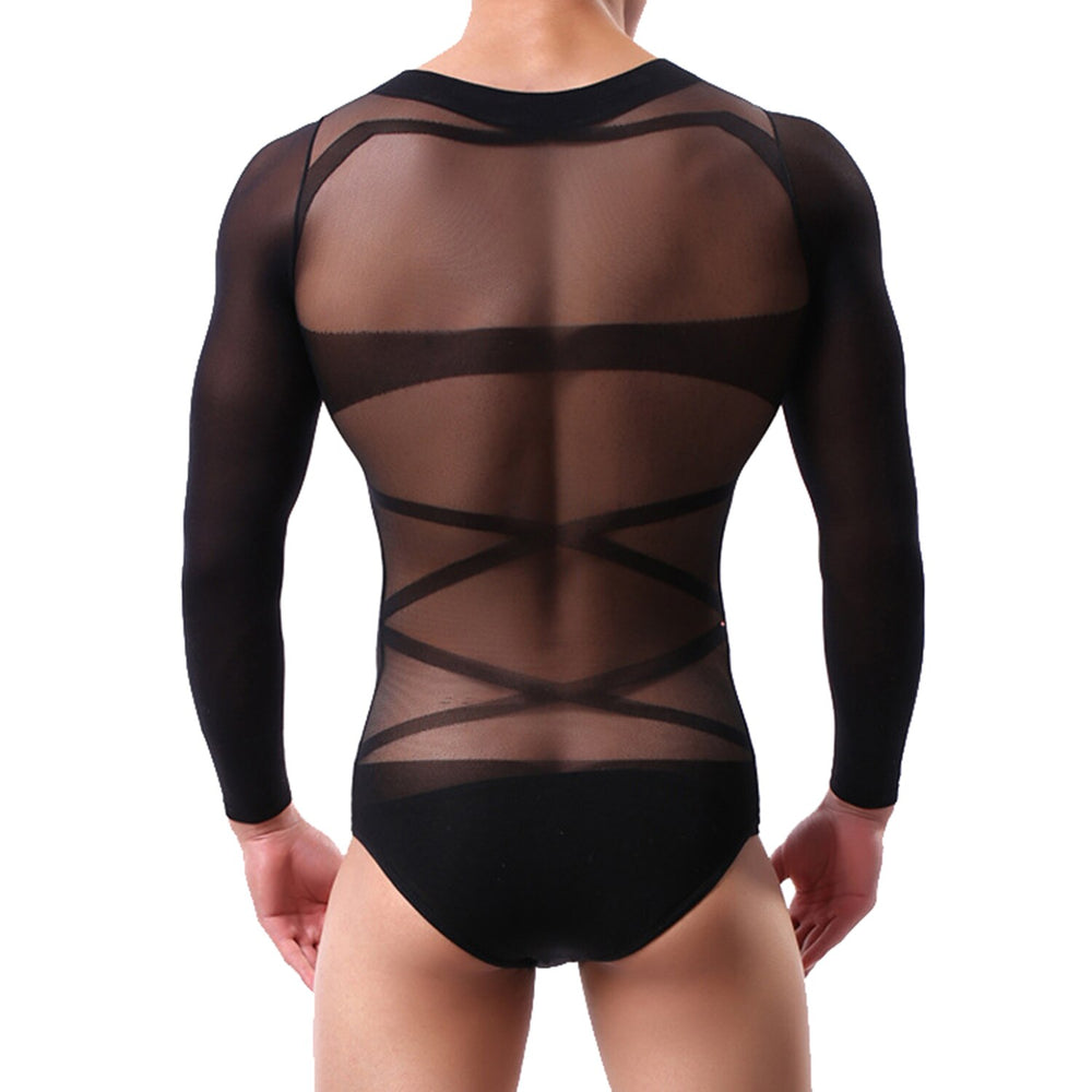 Back view of a model wearing a sheer black long-sleeve top with crisscross straps