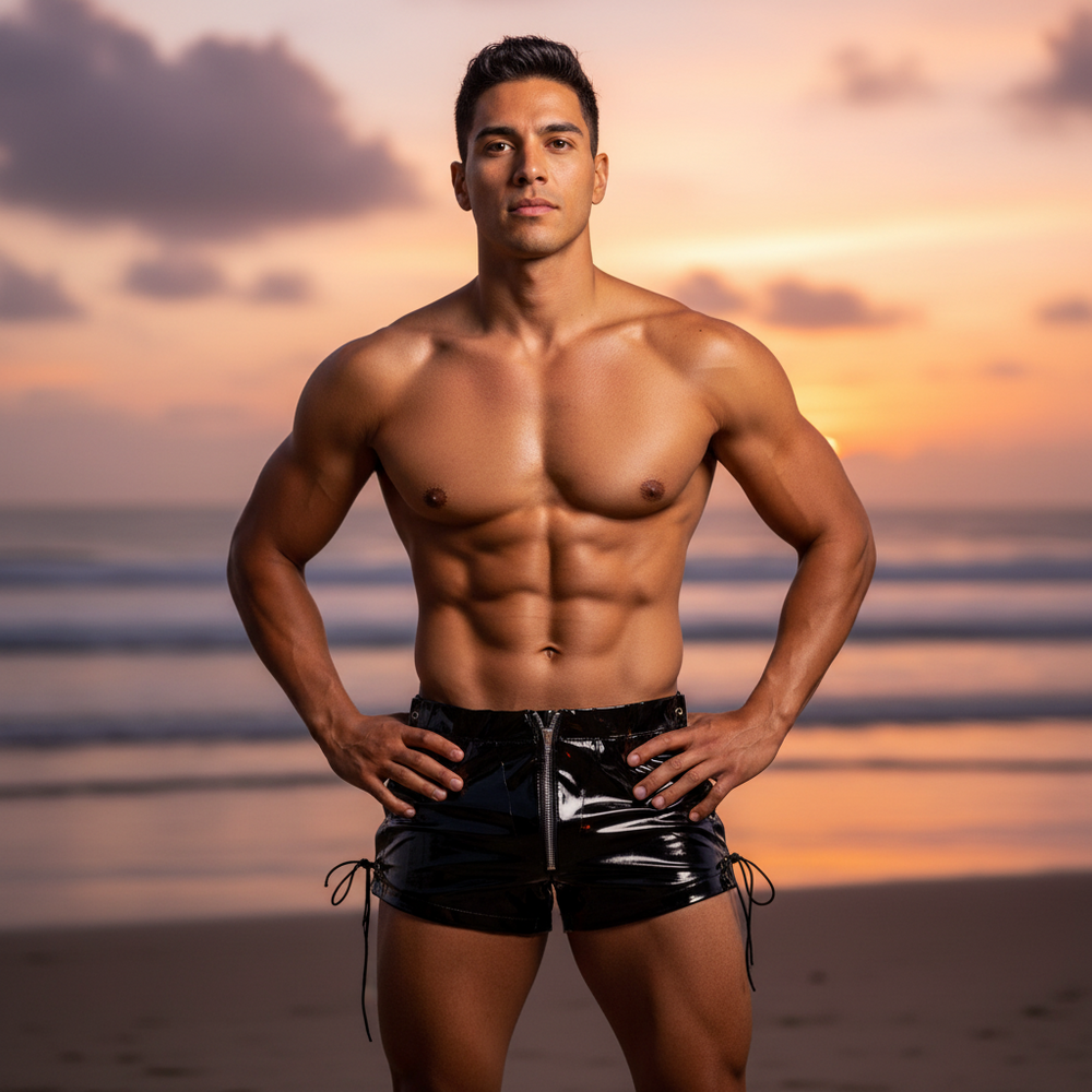 Shirtless model wearing shiny black zip-front shorts at a beach sunset