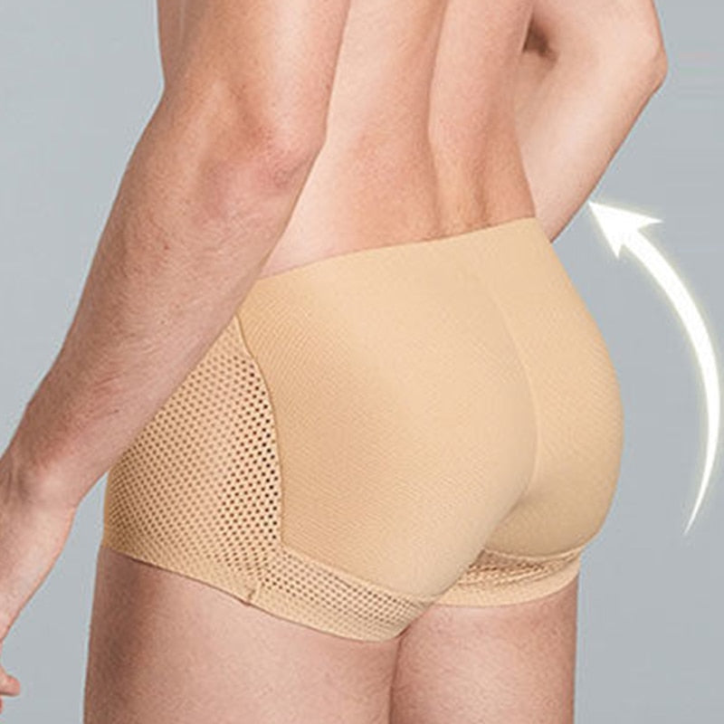 Rear three-quarter view of a model wearing beige butt-enhancing mesh underwear