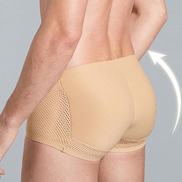 Rear three-quarter view of a model wearing beige butt-enhancing mesh underwear