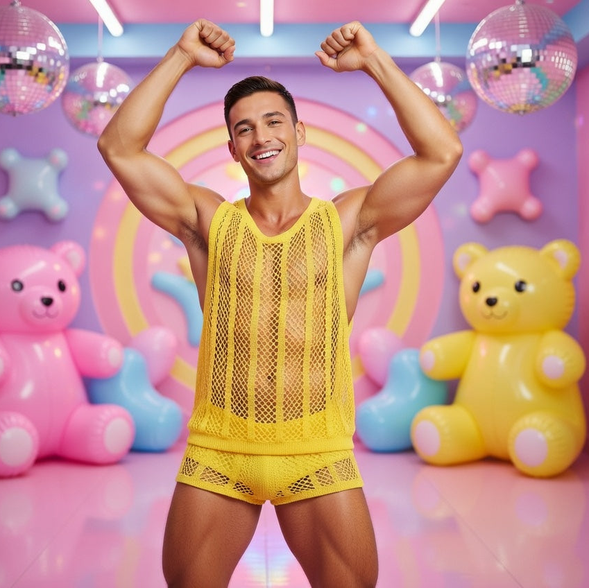 Smiling model flexes in a yellow open-knit tank top and matching briefs