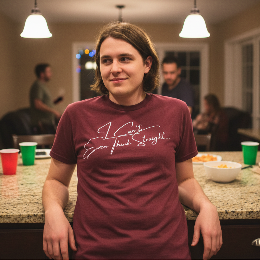 I Can't Even Think Straight" T-shirt on a queer young person with shoulder-length hair at a chill kitchen hangout with friends.