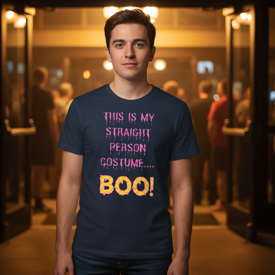 Navy LGBT T-shirt with pink and orange "This Is My Straight Person ...Boo!" slogan, worn by a young man at a warm queer-friendly hangout.