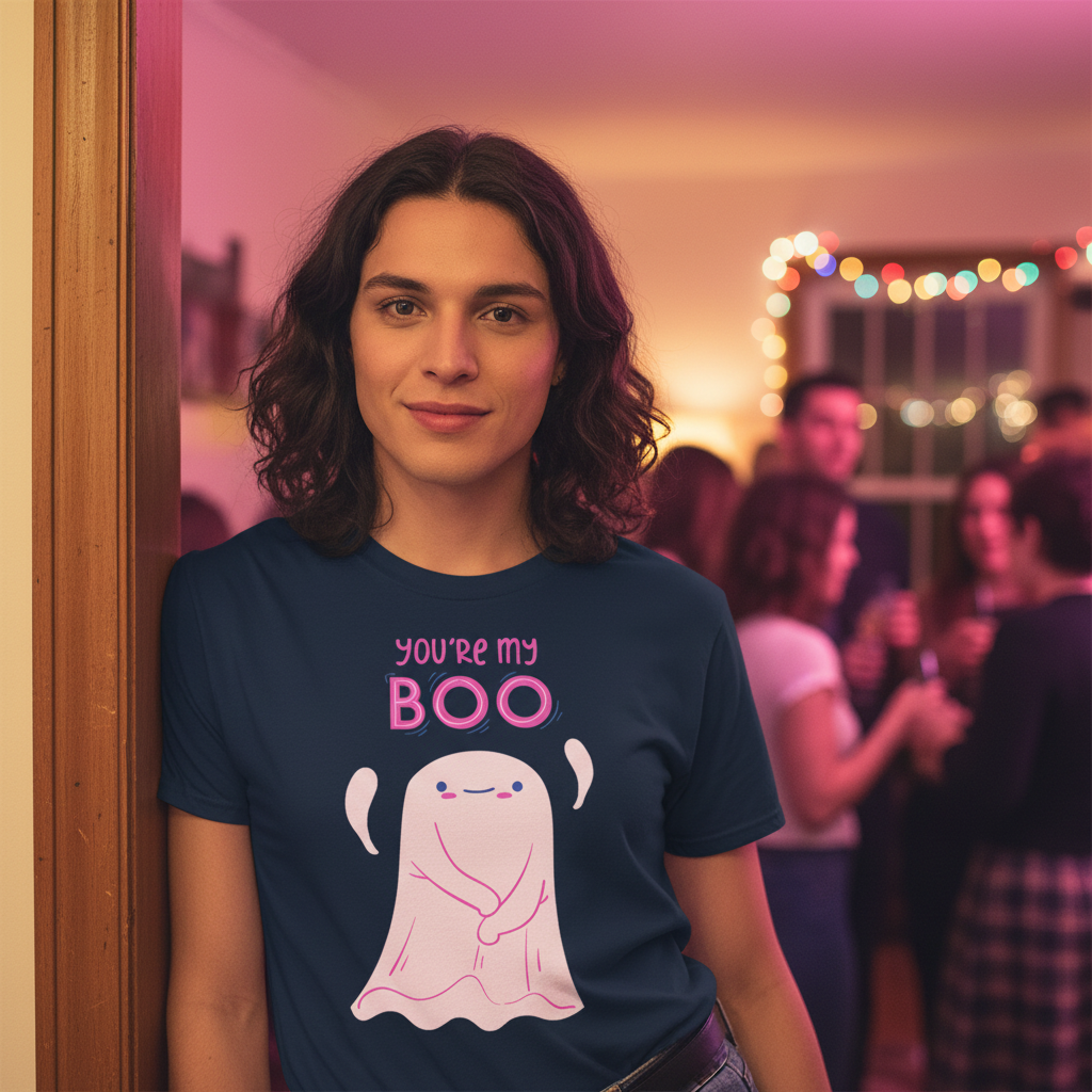 You're My Boo!" navy blue unisex T-shirt with cute ghost, worn by a person at a queer-coded party with colorful string lights.