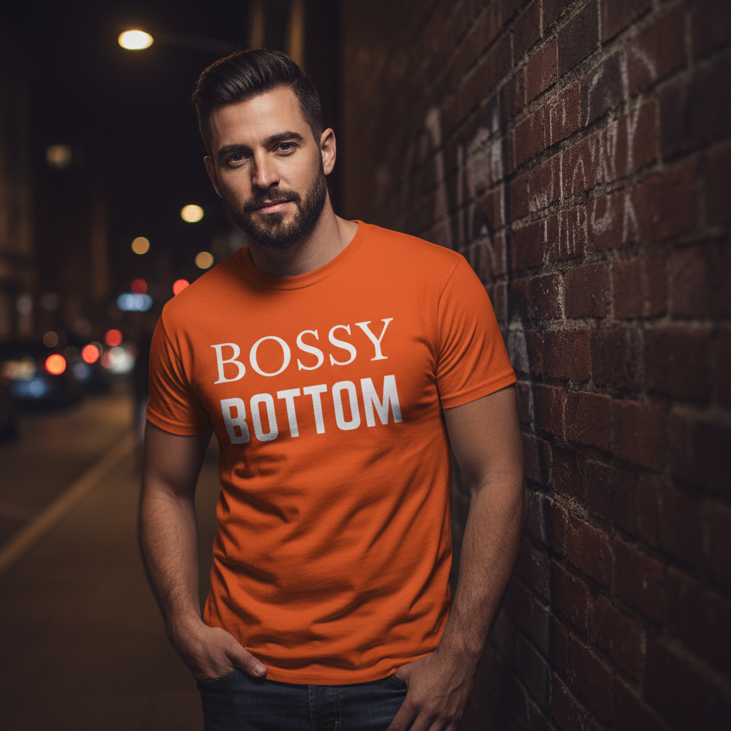 Man wearing an orange T-shirt with the words “BOSSY BOTTOM” beside a brick wall