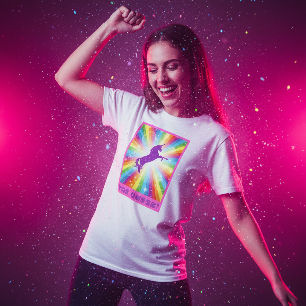 Yas Qween! T-shirt with sassy unicorn, bold rainbow colors, and LGBT flair. Young woman dances under confetti, grinning with pride.