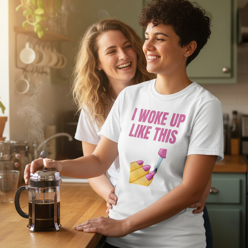 I Woke Up Like This" slogan tee on a smiling woman holding a French press in a sunny kitchen, her friend grinning behind her.