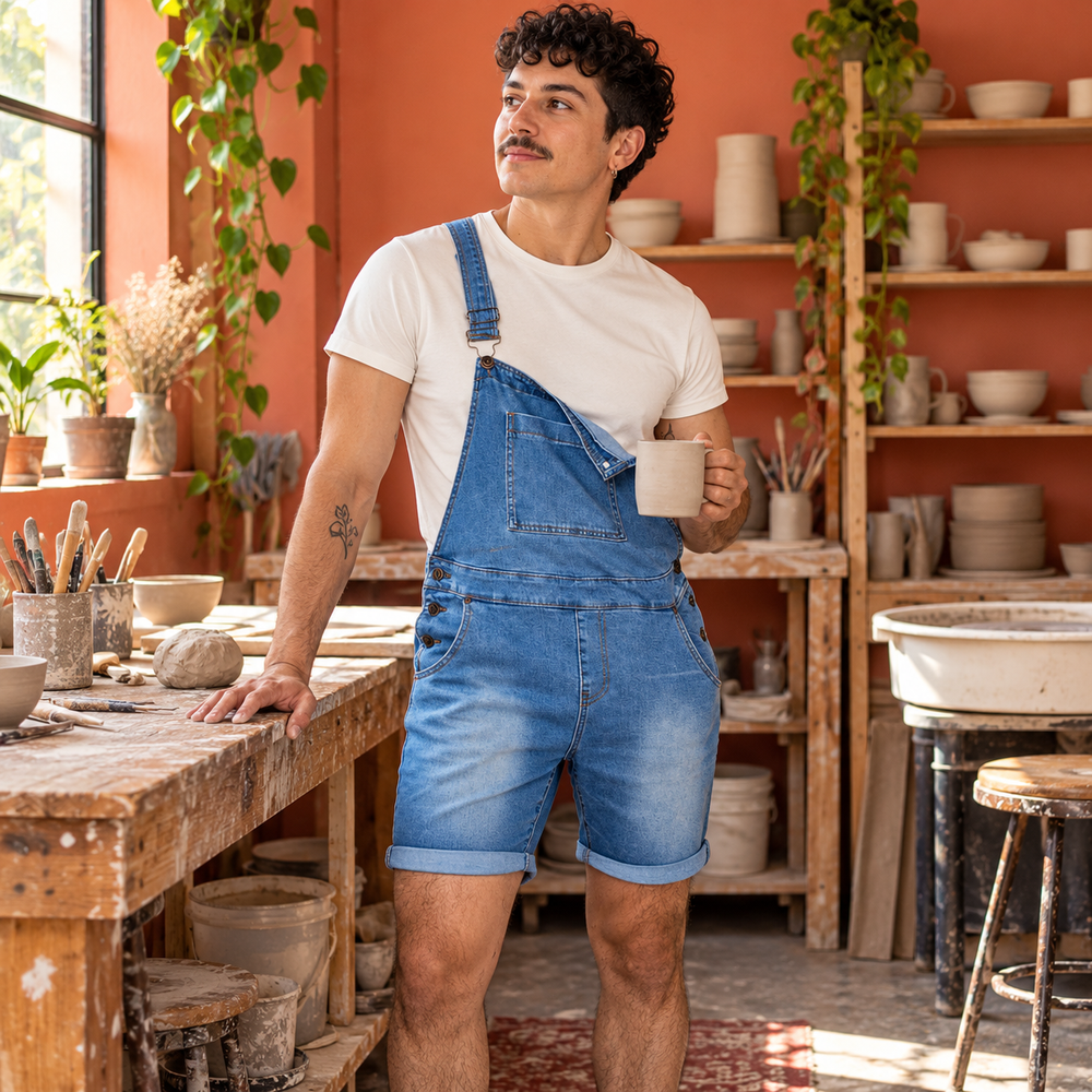Adult model wearing faded blue denim short overalls with a bib pocket and rolled hems in a pottery studio.