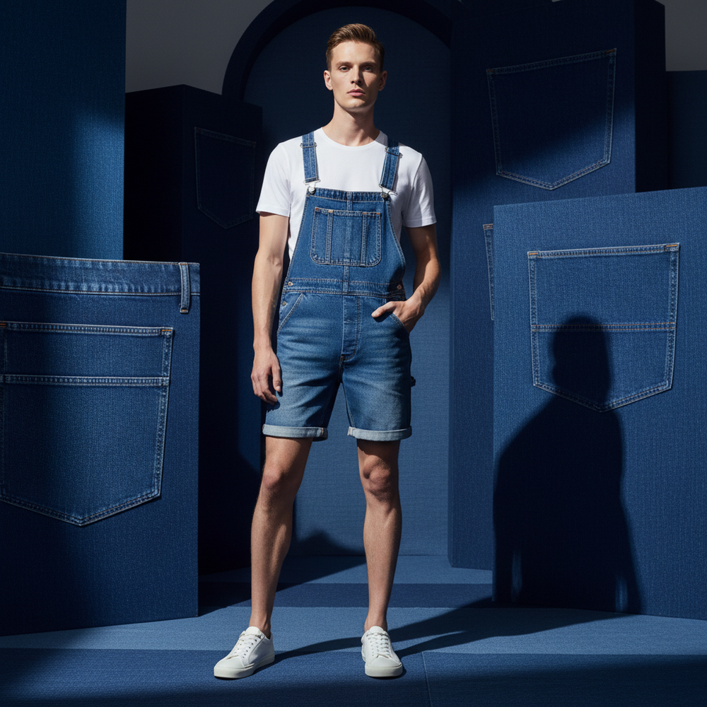 Mens Denim Pocket Romper in blue, layered over a white tee with sneakers; model stands amid giant denim pockets