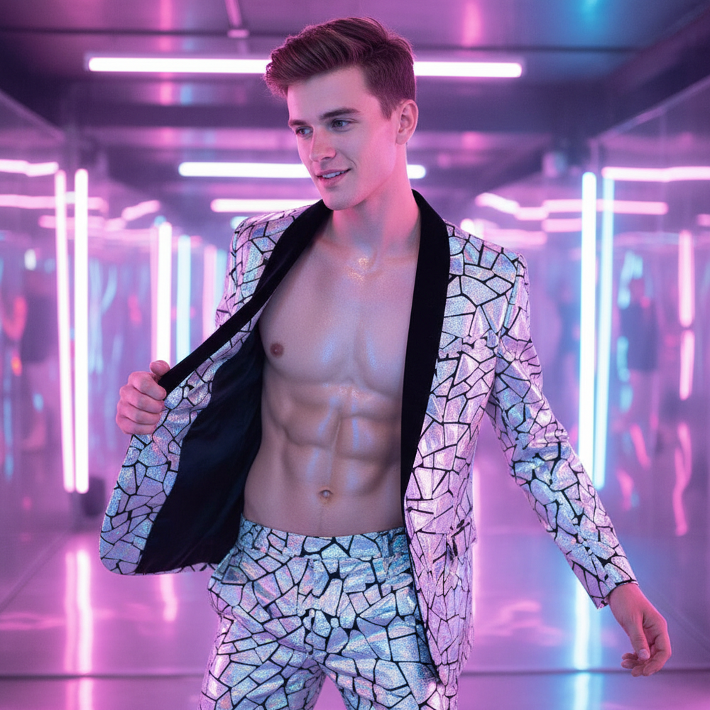 Shirtless model wearing an open iridescent glitter blazer with black lapels