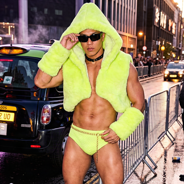 Model wearing a fluorescent green faux-fur hooded vest set with matching briefs and cuffs on a city street at night