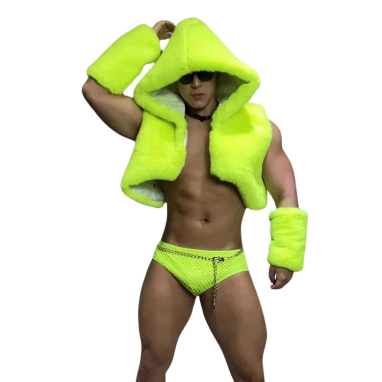 Front-facing model wearing a fluorescent green faux-fur hooded vest, cuffs, and mesh briefs