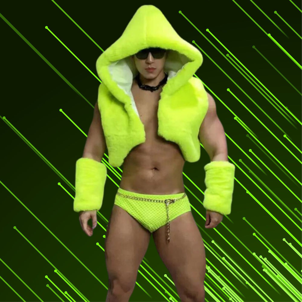 Front-facing model in a neon-green hooded faux-fur vest, briefs, and wrist cuffs