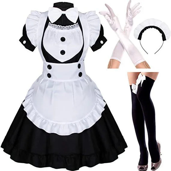 Black-and-white French maid dress with apron, gloves, headband, and thigh-high stockings