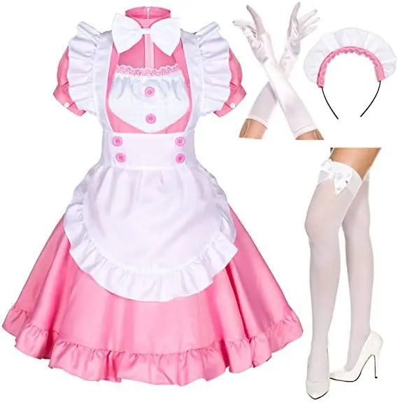 Pink-and-white French maid dress and apron set with gloves, headband, and thigh-high stockings