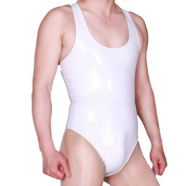 Front-view model wearing a glossy white scoop-neck tank bodysuit