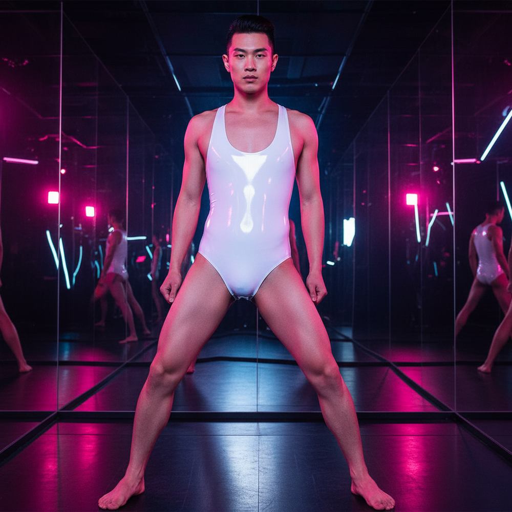 Glossy white men's skinny bodysuit tank top shines in pink and blue neon-lit mirrored room
