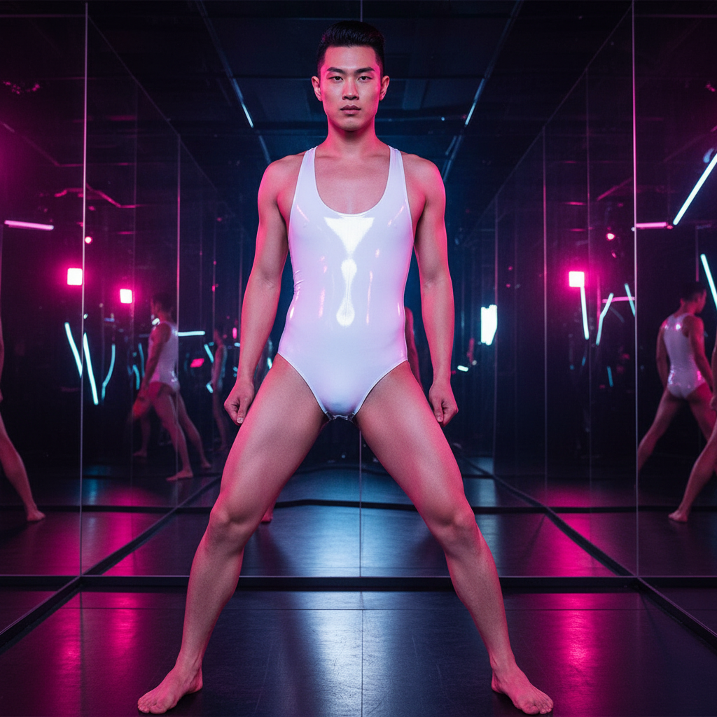 Glossy white men's skinny bodysuit tank top shines in pink and blue neon-lit mirrored room