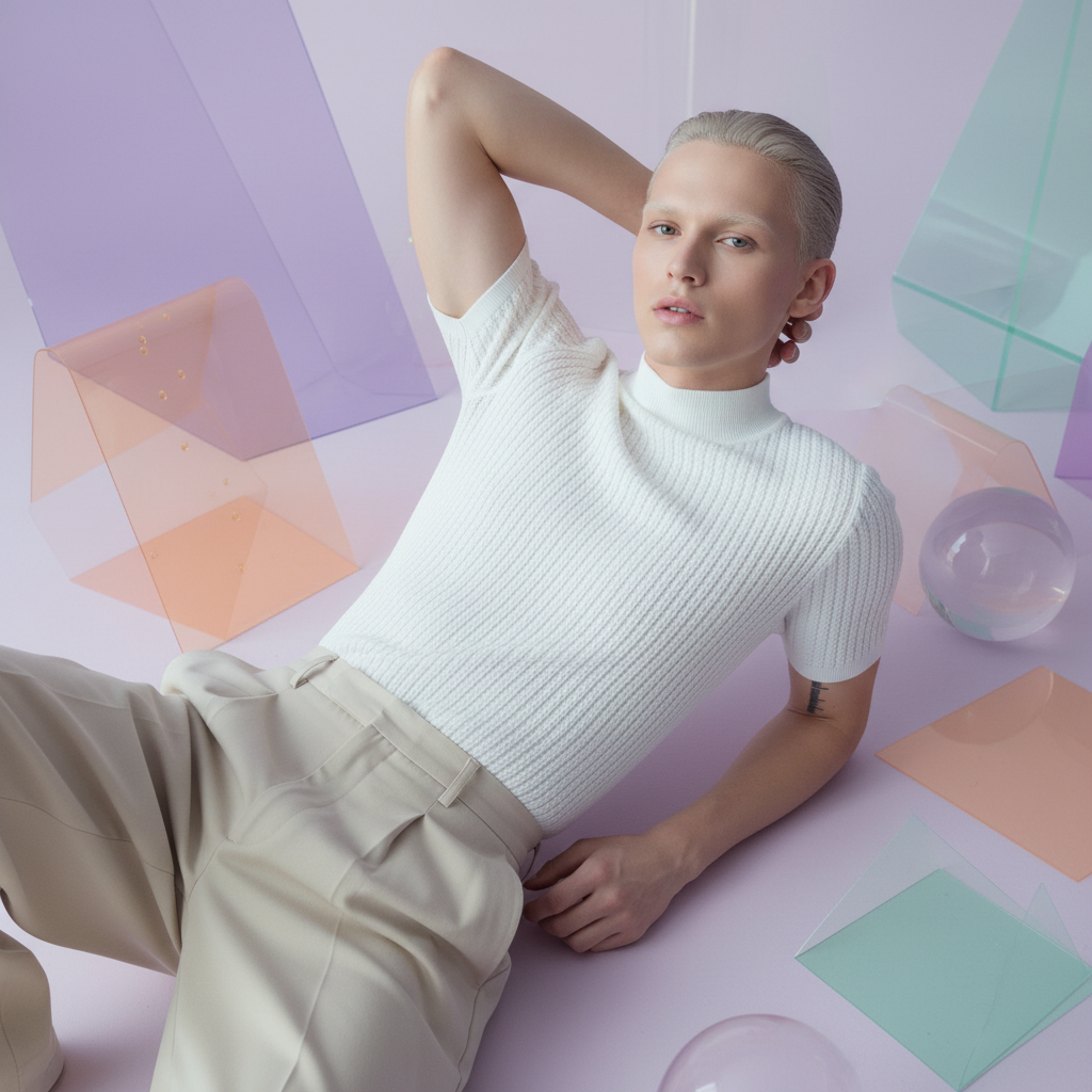 Model reclining in a ribbed white short-sleeve mock-neck shirt and cream trousers